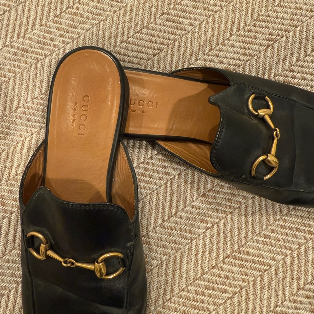 Gucci Black Leather Mules with Gold Detail - Picture 12 of 12